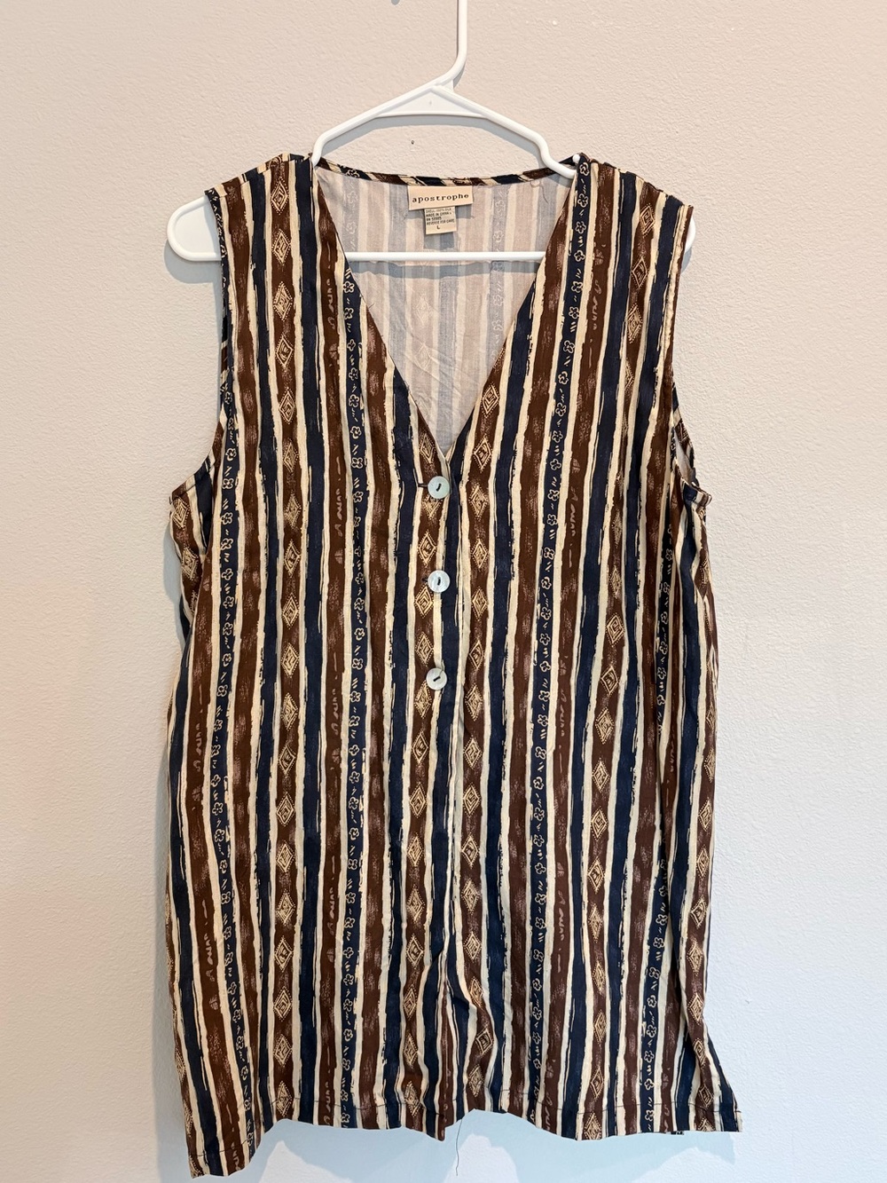 Vintage Apostrophe 100% Silk Ikat Stripe Sleeveless Blouse Top | size Large